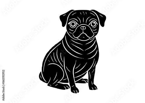 Pug Sitting Silhouette Linocut, Funny Small Dog Vector Design