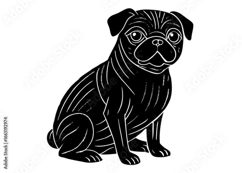 Pug Sitting Silhouette Linocut, Funny Small Dog Vector Design