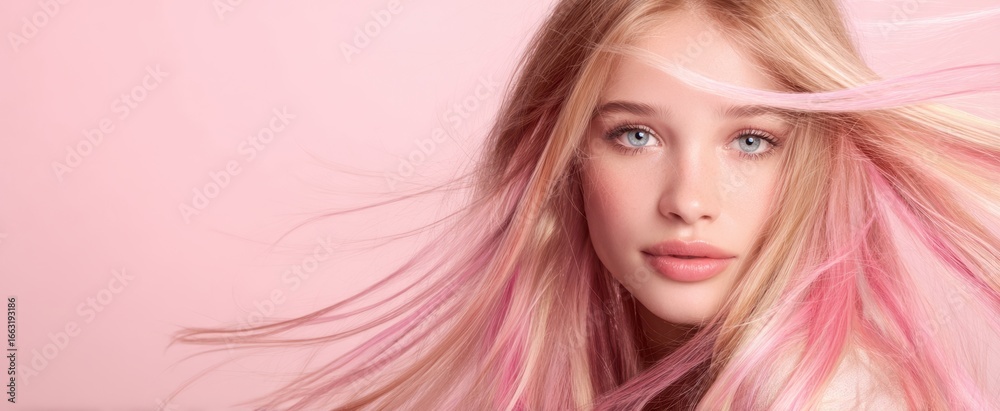 Fototapeta premium The young woman with flowing pink hair and captivating blue eyes.