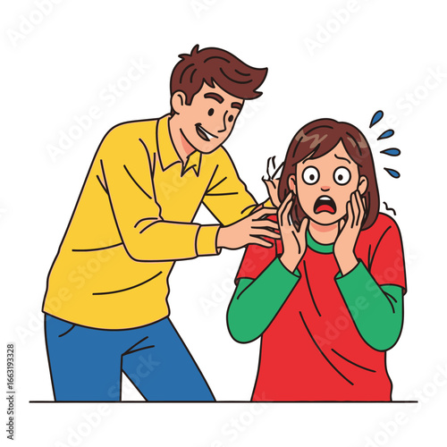 Boundary Breaker: A person disregards personal space by making a gesture toward another person, who is shocked and reacts negatively.