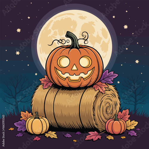 Halloween pumpkin on hay bale under a large full moon with stars jack-o-lantern