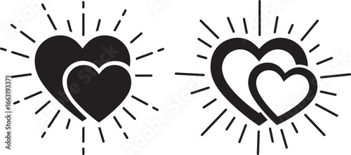 Two hearts embracing with radiant lines silhouette
