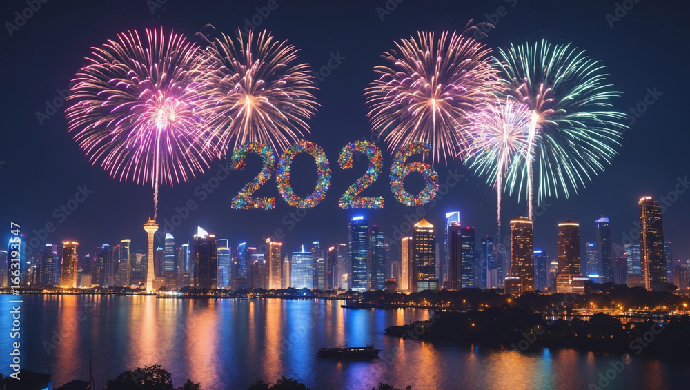 Fototapeta premium Spectacular 2020 new year fireworks display over a city skyline reflecting in water