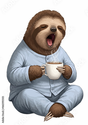 A sleepy yawning sloth in light blue pajamas sitting crosslegged while holding a steaming hot mug.