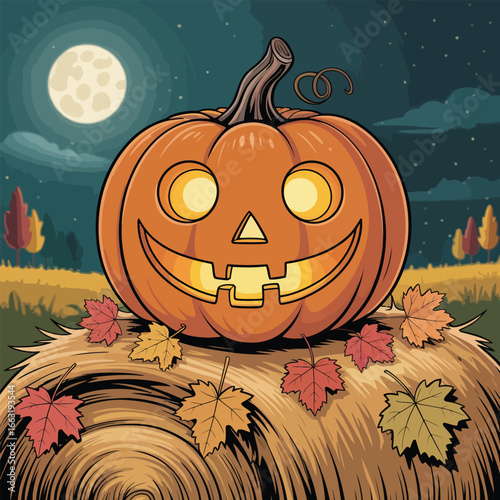 Jack-o-lantern pumpkin on a hay bale with autumn leaves at night halloween moon