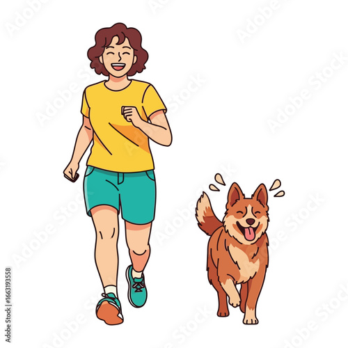 Joyful jog with Canine Companion: A woman and her playful, four-legged friend relish a sun-kissed run, their happiness echoing the vibrant warmth of the scene.