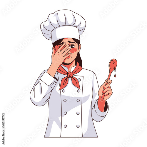 Oh No! Disaster in the Kitchen: A chef, eyes wide with horror and despair, reacts with dismay as a messy culinary mishap unfolds, spoon drips red substance.