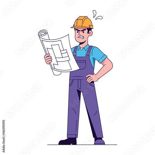 Engineer's Predicament: An engineer in workwear, holding a blueprint, exudes a sense of frustration or confusion.