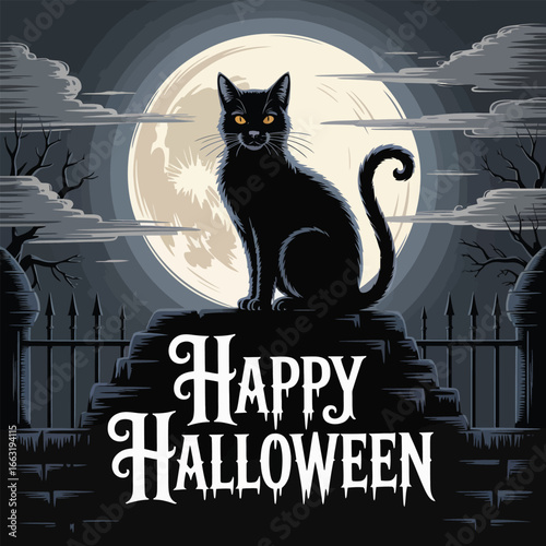 Black cat sitting on tombstone with full moon and Happy Halloween text feline animal