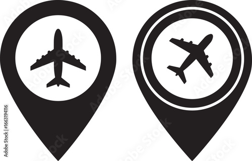 Two airplane location pin icons silhouette