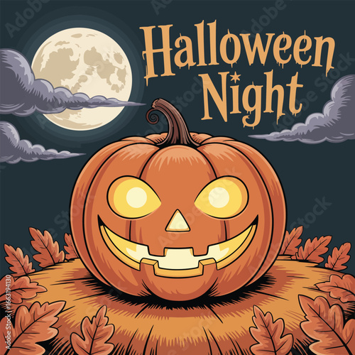 Jack-o-lantern pumpkin with glowing eyes on a hay bale Keywords: halloween, jack-o-lantern