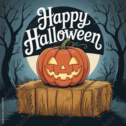 Spooky Halloween pumpkin on hay bale with creepy trees and moon Keywords: Halloween, pumpkin