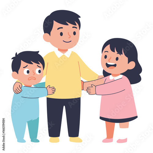 Embracing Family Bonds: A loving father embraces his children, symbolizing the warmth and safety of a nurturing family environment. Depicting a bond that transcends age.