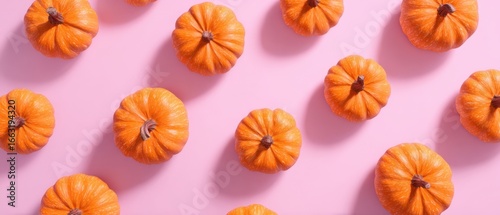 The vibrant arrangement of small pumpkins on a pastel pink background.