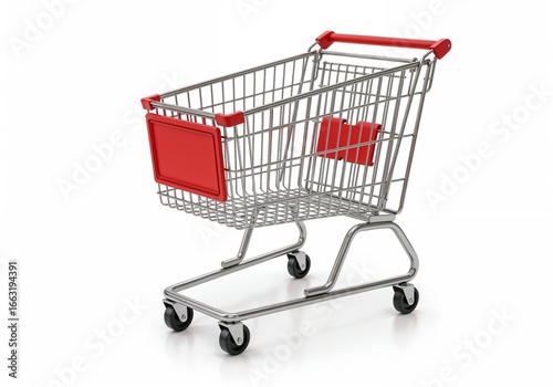 Empty Shopping Cart with Red Plastic Handle and Panels Isolated on White Background, Retail Grocery Store Trolley for Supermarket, E-commerce, Consumer Goods, Retail Marketing, Online Shopping Concept