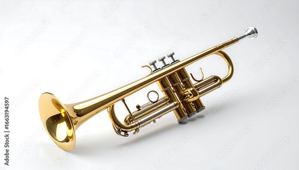 Obraz premium Golden Trumpet: A polished golden trumpet, the epitome of musical elegance, rests in a studio setting, its curves gleaming under soft lighting, ready to produce a harmonious melody.