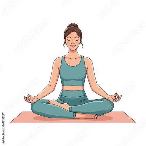 Serene Yoga Practice: A woman finds inner peace through yoga, gracefully seated in a lotus pose on a pink mat, emanating tranquility through artistic illustration.