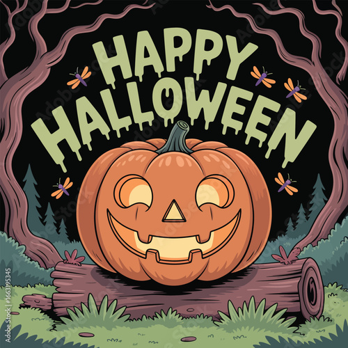 Spooky Halloween Jack O Lantern surrounded by forest and fireflies Keywords: Halloween, jack o