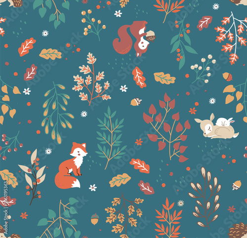  vector seamless patterns with cute animals - fox, deer, squirrel, rabbit, hedgehog . A pattern of leaves and berries. For baby, woman .textiles, fabrics, souvenirs, packaging