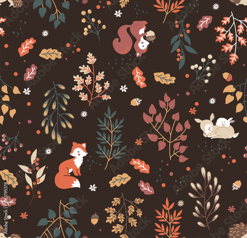 Forest seamless pattern with cute animals - fox, deer, squirrel, rabbit, hedgehog. A pattern of leaves and berries. Vector illustration	