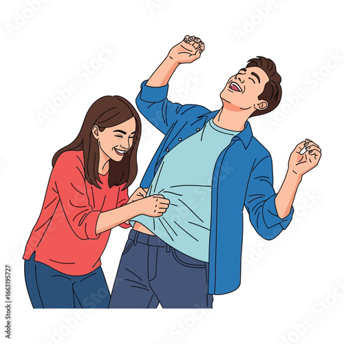 Joyful Tickle Fight: A heartwarming scene of playful affection unfolds as a woman tickles a man, both erupting in contagious laughter and joy.