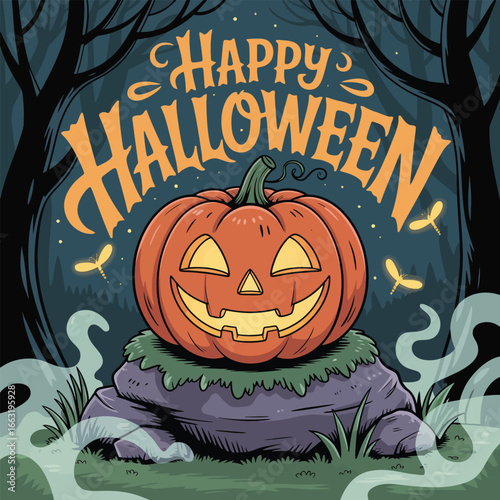 Jack o lantern pumpkin on a rock in a spooky forest with fireflies halloween