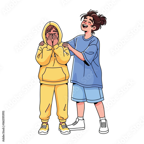 Comical Companions: A playful illustration showcasing two friends in a moment of shared amusement, expressing camaraderie through expressions of both shy concealment and joyful interaction.