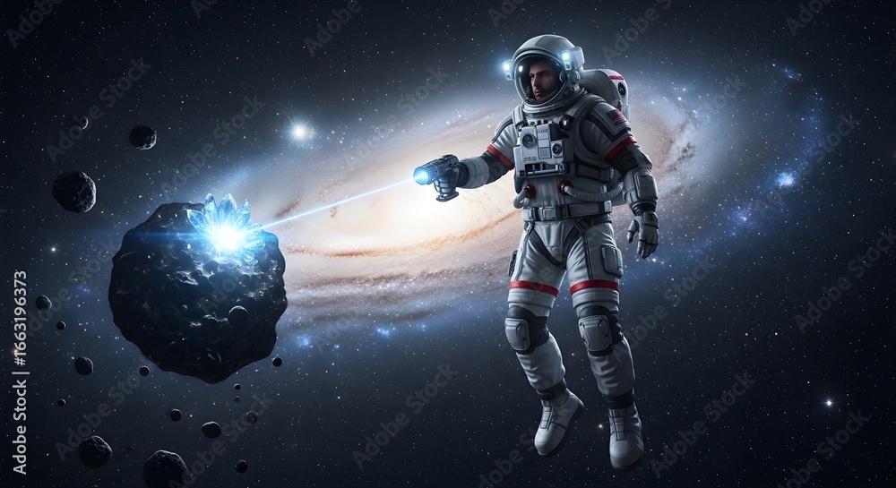 Fototapeta premium Astronaut Exploring Space, Interacting with Asteroid in Galaxy