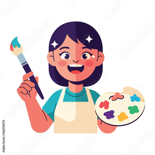 Creative Expression: An artist, brimming with joy, holds a paintbrush and a palette, ready to bring vibrant colors and creativity to life.
