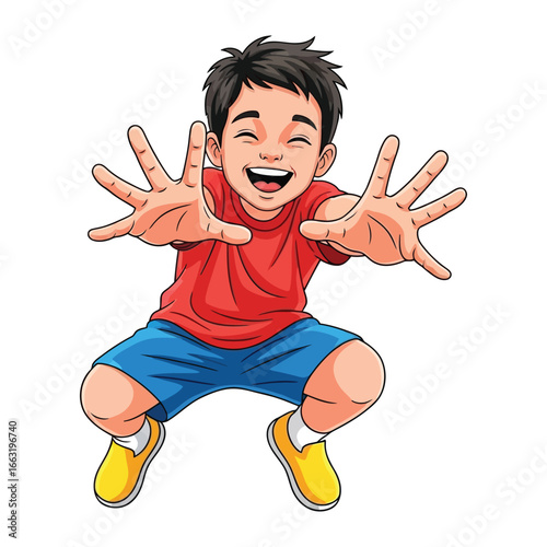 Happy boy: An joyful illustration of a kid with a vibrant smile, open arms and welcoming pose representing freedom and playfulness.