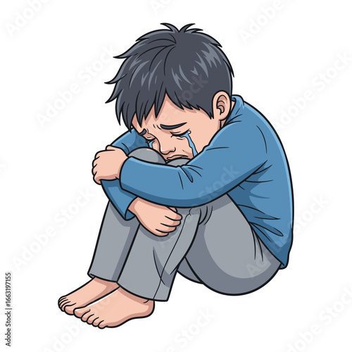 Sadness in solitude: A young person sits alone, their body curled in a pose of vulnerability, tears streaming down their face as they grapple with feelings of despondency.