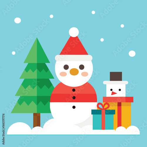 Winter Wonderland Illustration: Charming illustration of a snowman, snow, pine tree, gift, and snow. This captures the magic of winter and festive cheer.