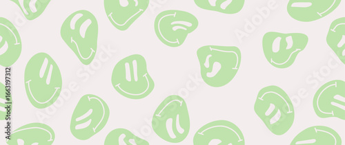 Vector illustration. Funny smiling happy face. Cartoon style. Seamless pattern. Smiley on a blue background. Fashion character doodle wallpaper. Suitable for wallpaper, cover and textile design.