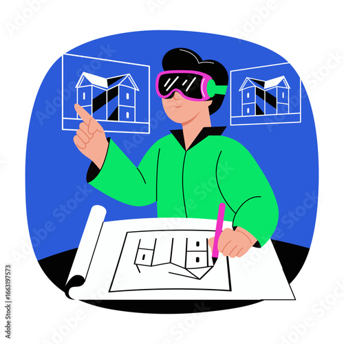 A flat style illustration depicting digital blueprinting