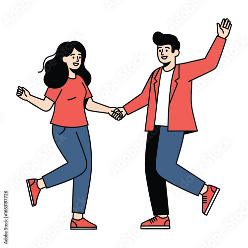 Joyful Dance: Two figures, a man and a woman, waltz with delight, the rhythmic sway of their movements a dance of love, happiness, and unity.