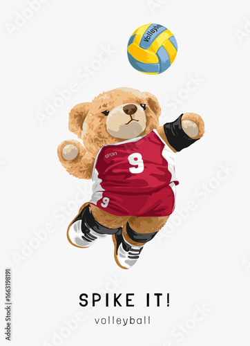 spike it slogan with bear doll volleyball player vector illustration