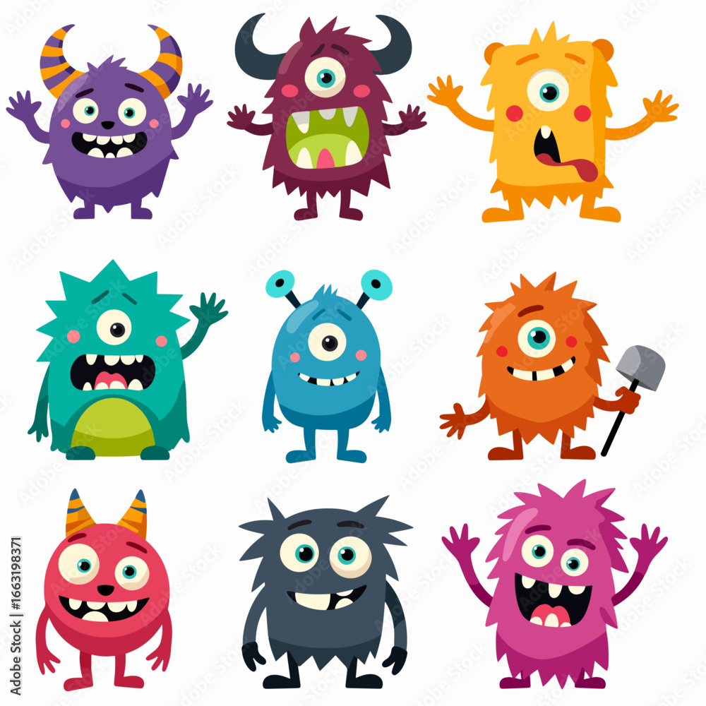 Obraz premium Happy Halloween! Cute funny monsters, hand drawn. Colorful set of scary and ugly characters. Eyes, tongue, fangs, tentacles, hands up. Vector holiday stickers.