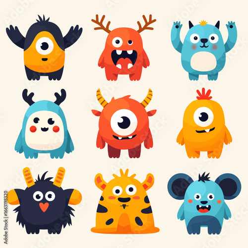 Set of cute smiling monsters. Stickers with funny fluffy characters from fairy tales. Children design elements for toys and fabric printing. Cartoon flat vector collection isolated on white background