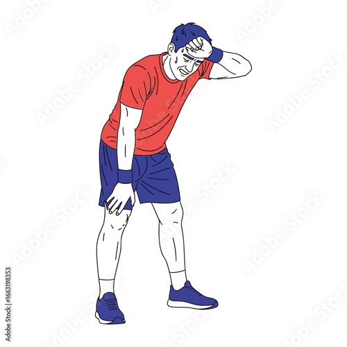 Exhausted Athlete: Depicting the raw essence of physical exertion, a male athlete pauses, hand on forehead, as if in a moment of weariness after pushing past limits. 