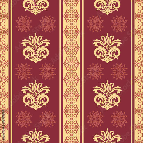 Damask pattern seamless vector background with gold ornamental motifs, vintage damask pattern elegant design, classic damask pattern repeat for luxury wallpaper and textile