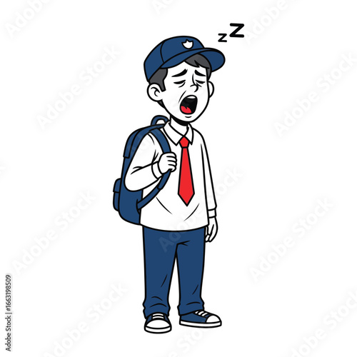 Tired Schoolboy: A tired schoolboy, laden with a backpack, yawns as he struggles to stay awake after a long day, capturing the relatable weariness of school.
