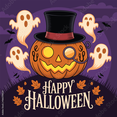 Happy Halloween with a dapper pumpkin, ghosts, and autumn leaves jack-o-lantern