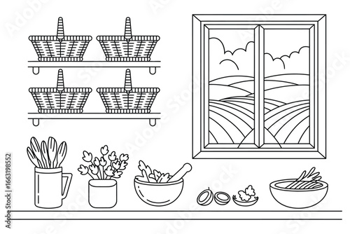 Line art illustration of kitchen scene with baskets on shelves and window overlooking fields outdoors