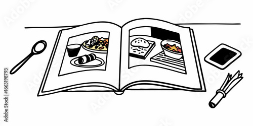 Open cookbook displaying food dishes with spoon, brush and slate on table in black and white style on transparent background
