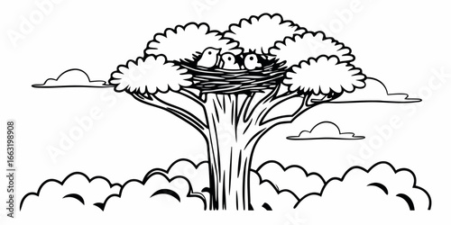Illustration of a tree with a nest containing three birds surrounded by clouds in a black and white style on transparent background