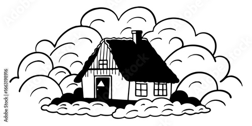 Illustration of a house with thatched roof surrounded by clouds in a black and white drawing style on transparent background