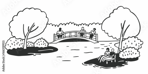 Illustration of people on a bridge and a couple on a bench in a park with trees and water view on transparent background
