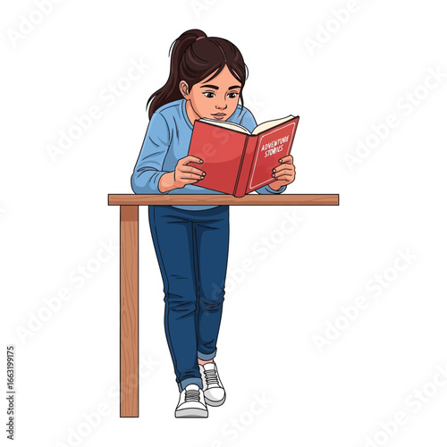 Reading intently: A young female, deeply engrossed in the pages of a captivating book, immersed in a world of knowledge, stands leaning on a wooden table.