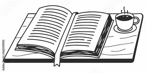 Open book with bookmark and cup of coffee on a wooden tray in black and white line drawing style on transparent background
