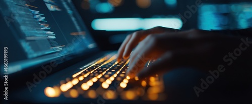The hands typing code on a backlit laptop keyboard in a dark environment.